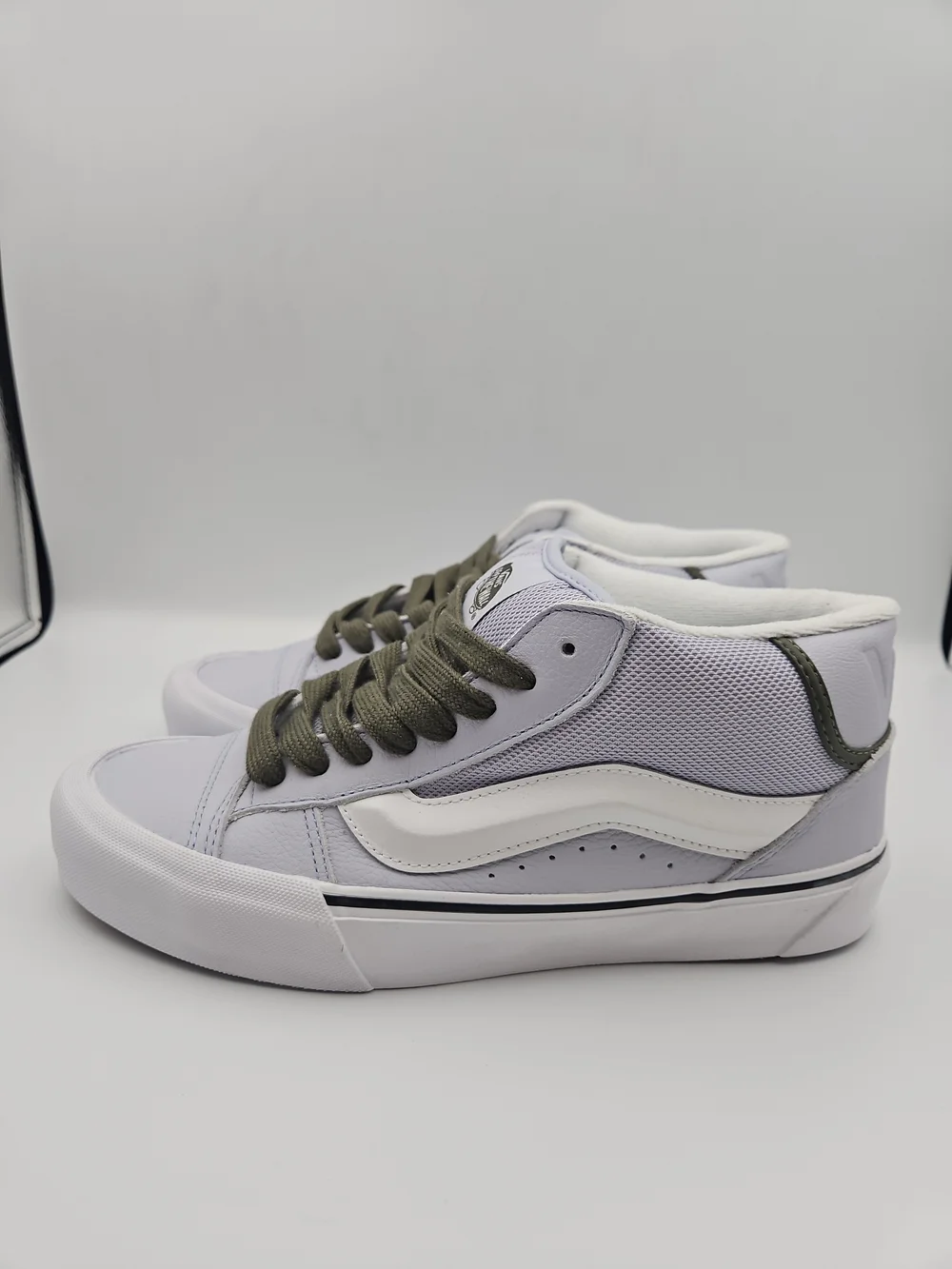 Vans Mid-Top Sneakers in Light Gray/Blue, White and Olive Green